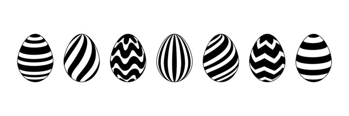 Set of variations Easter eggs with white black striped ornament isolated on white background. Vector illustration.