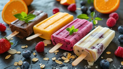 Summer Concept - Various Fruit Popsicles. Multicolored fruit ice cream bars on colored background. copy spase.