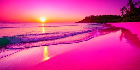Badezimmer Foto Rückwand beautiful sunset over a pink sandy beach and ocean. spectacular beach scene, beach travel view background © SANTANU PATRA