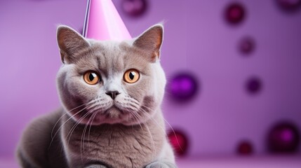 Big party with British short hair cat wearing a party hat. Funny cat in a cap celebrates birthday, on a light purple background. Looking straight to camera. Let's party. Happy birthday.