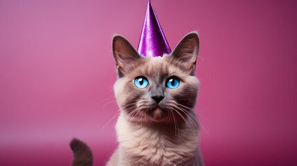 Portrait of British short hair cat wearing a party hat. Funny cat in a cap celebrates birthday, on a light purple background. Looking straight to camera. Let's party. Happy birthday.