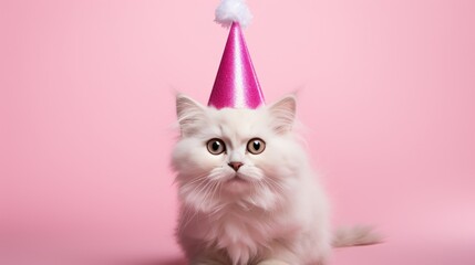 White long haired Persian cat wearing a happy birthday hat. Cat in a cap celebrates birthday, on a pink background. Looking straight to camera. Let's party. Happy birthday.