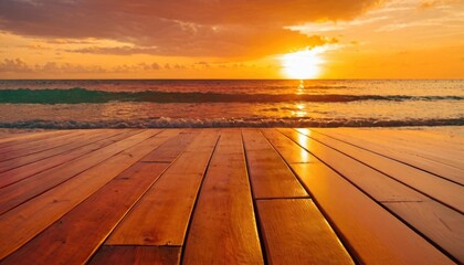 Fototapeta na wymiar Empty wooden floor with tropical sunset beach background
