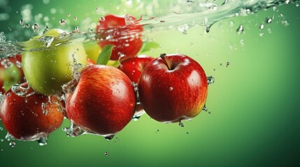 Red and green apples falling into water splash. Apple with water splash. Fresh water splash on red apple. Underwater photo. Healthy food. Diet.