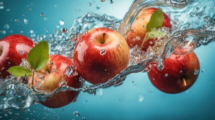 Red and green apples falling into water splash. Apple with water splash. Fresh water splash on red apple. Underwater photo. Healthy food. Diet.