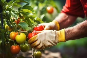 Farmer ripening tomatoes from garden, organic and healthy local product. farmer hands with fresh red tomatoes. Freshly harvested tomatoes in farmers hands. - obrazy, fototapety, plakaty