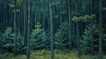 Photorealistic nature photography captures a vibrant pine forest and cypress trees with dark green foliage.
