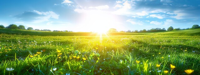 Fototapeta premium Panoramic green field against blue sky with sun, a blurred spring-summer background. Made with generative AI technology.