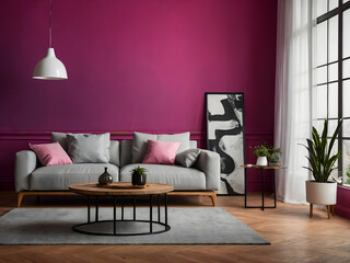 Deep purple-coloured living room interior concept 