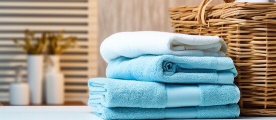 Two baskets filled with soft towels, one in close up view, displaying a variety of colors and...