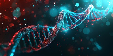 A glowing double-stranded DNA structure in shades of blue and red - obrazy, fototapety, plakaty