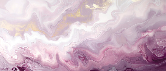 Abstract fluid art painting in light magenta, white and gold colors with swirling patterns reminiscent of an ocean landscape