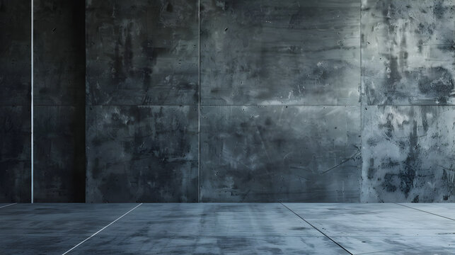 A large, empty room with a gray wall and a gray floor. The room is bare and empty, with no furniture or decorations. The gray color of the walls and floor creates a sense of emptiness and coldness