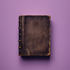 A book with a purple background. The book is old and has a worn cover. The cover is brown and has a...