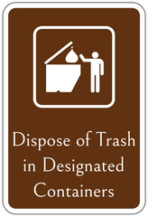 Campsite rules sign dispose of trash in designated containers