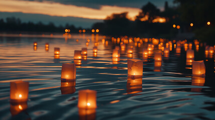 A photo of floating lanterns, creating an enchanting and magical atmosphere over the water during twilight