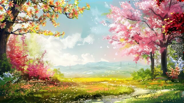 aesthetic painting of a spring scene with muted colors