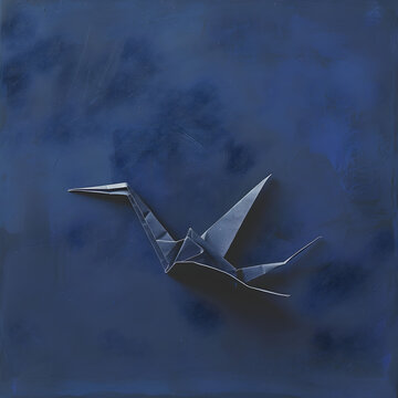 A paper bird is flying in the sky above a blue background. The bird is made of paper and is folded into a unique shape. Concept of freedom and lightness, as the bird soars through the air with ease