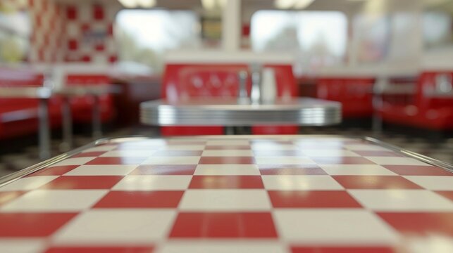 A red and white checkered table typical of an American diner, featuring a blurred background with bokeh effects