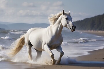 Obraz na płótnie Canvas White horse galloping on the beach in the wind