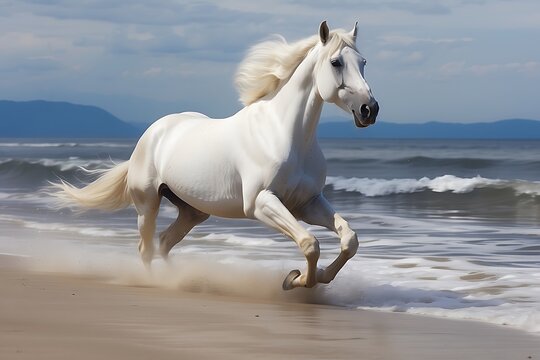 White horse galloping on the beach in the wind