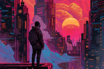 A man on a ledge gazes at a cityscape with a beautiful sunset in the background, creating a serene and captivating view - obrazy, fototapety, plakaty
