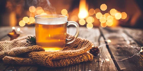 Foto op Canvas A steaming cup of hot tea sitting on a wooden table in a cozy setting © tashechka