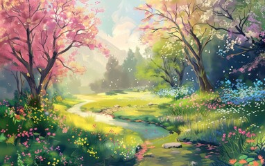 wallpaper captures a peaceful spring scene using muted colors