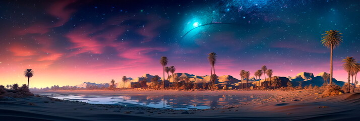 Sandy desert under a starry sky with sporadic palm trees under a bright starry sky. Generative AI - obrazy, fototapety, plakaty