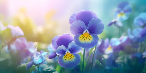 Fototapeta na wymiar Flowers and leaves gradients delicate floral background with pansies. Generative Ai