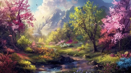 Wallpaper depicting a peaceful spring scene with muted colors - obrazy, fototapety, plakaty