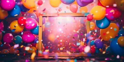 Bright multicolored background with frames balloons and confetti . Generative AI