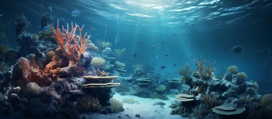Colorful underwater scene featuring a diverse coral reef with various types of soft corals and sponges thriving in their natural habitat - obrazy, fototapety, plakaty