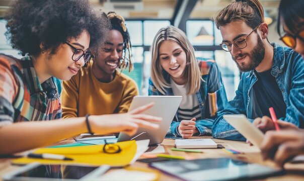 Diverse Team of Young Brilliant Entrepreneurs and Office Specialists Have a Meeting, Talking, Using Digital Tablet Computer, Finding Solutions and Solving Problems. Talented Young People Working