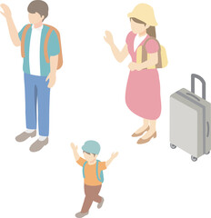 アイソメトリック　トラベル　レジャー　家族　ファミリー　人物　男性　女性　キッズ　イラスト