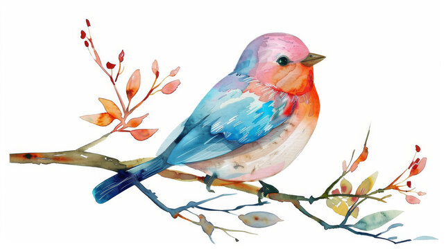 A bird is perched on a branch with leaves and berries. The bird is blue and red. The image has a peaceful and calming mood