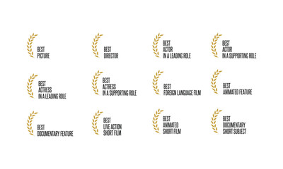 Movie award nominations and winners - best film, actor, actress, director, short, documentary, animation - black, golden and white laurel and text vector icon set
