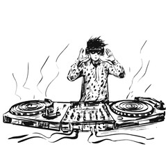 Drawing of Male DJ Using Decks