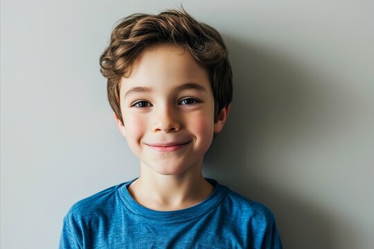 Portrait of a cute little boy smiling at the camera on a gray background