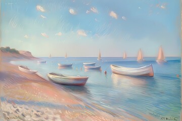 Sailboat at the beach  oil painting, Pastel color palette, home decor wall art, digital art print - obrazy, fototapety, plakaty