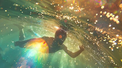 Abstract iridescent underwater swimming in the sun. Summer ocean waves with closeups up bubbles and submerged face.	
 - Powered by Adobe