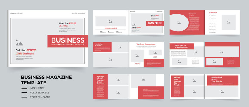 Business Magazine template design A4 Landscape 12 Pages layout