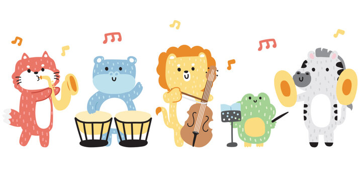 Set of cute animal soft hair playing musical instruments.Concert.Music.Song.Fox,hippopotamus,lion,frog,zebra hand drawn.Character cartoon design.Kawaii.Vector.Illustration. 
