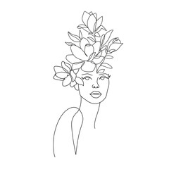 Woman Face with Flowers Line Art Drawing. Female Face Minimalist Illustration. Modern Trendy Line Art Drawing for Wall Decor, Fashion Minimal Print, Poster, Social Media. Beauty Logo. Vector EPS 10