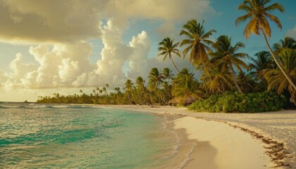 Tropical beach in Punta Cana, Dominican Republic. Palm trees on sandy island in the ocean. - obrazy, fototapety, plakaty