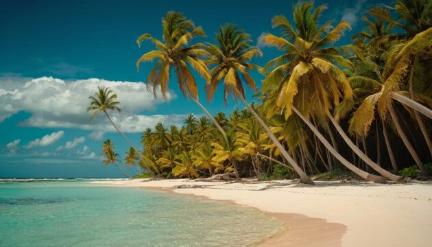 Tropical beach in Punta Cana, Dominican Republic. Palm trees on sandy island in the ocean.