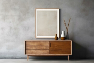 Wooden cabinet and dresser against raw concrete wall, blank poster frame.