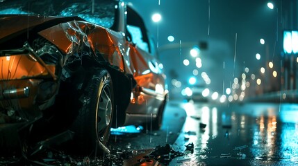 Car crash dangerous accident on the road at night - obrazy, fototapety, plakaty