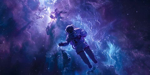 A man in a spacesuit is floating in space. The image has a dreamy, otherworldly feel to it - obrazy, fototapety, plakaty