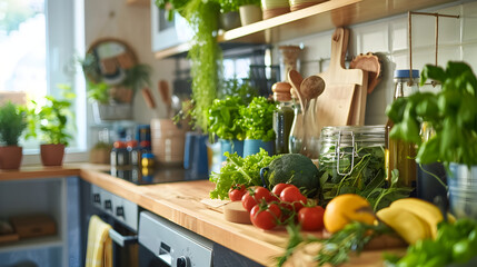 A kitchen counter is full of fresh vegetables and fruits, including tomatoes, bananas, and broccoli. The counter is also adorned with potted plants, adding a touch of greenery to the space - Powered by Adobe